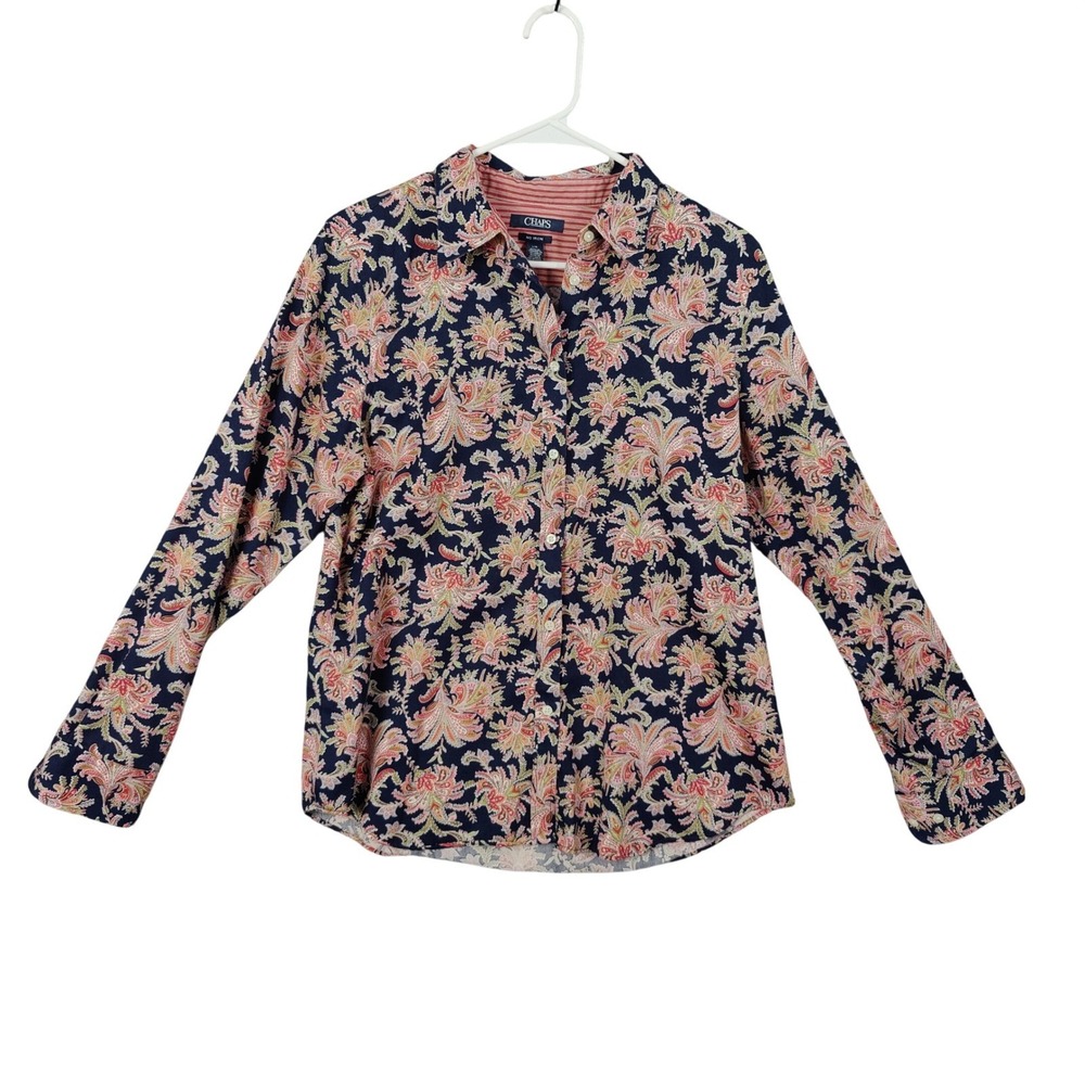 Chaps Womens Dark Academia Preppy No Iron Paisley Button Up Shirt L Navy Cotton